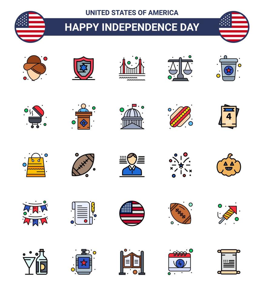 Pack of 25 USA Independence Day Celebration Flat Filled Lines Signs and 4th July Symbols such as soda beverage golden scale justice Editable USA Day Vector Design Elements