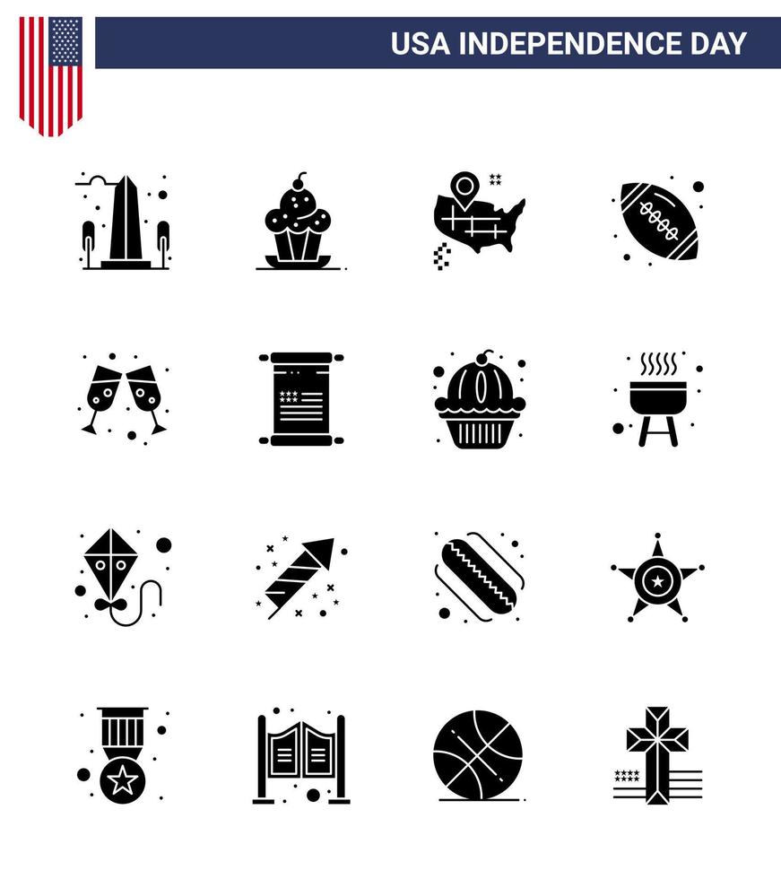 16 USA Solid Glyph Pack of Independence Day Signs and Symbols of beer sports sweet rugby american Editable USA Day Vector Design Elements