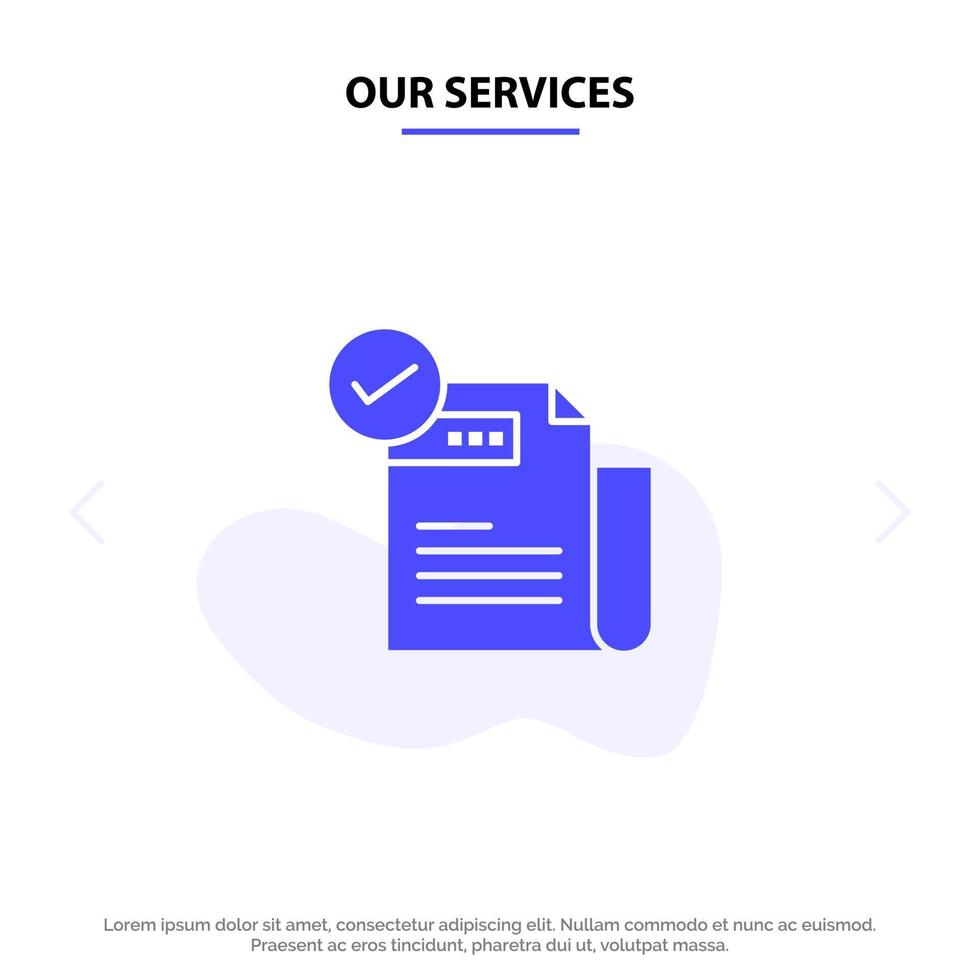 Our Services Check Checklist Feature Featured Features  Solid Glyph Icon Web card Template vector