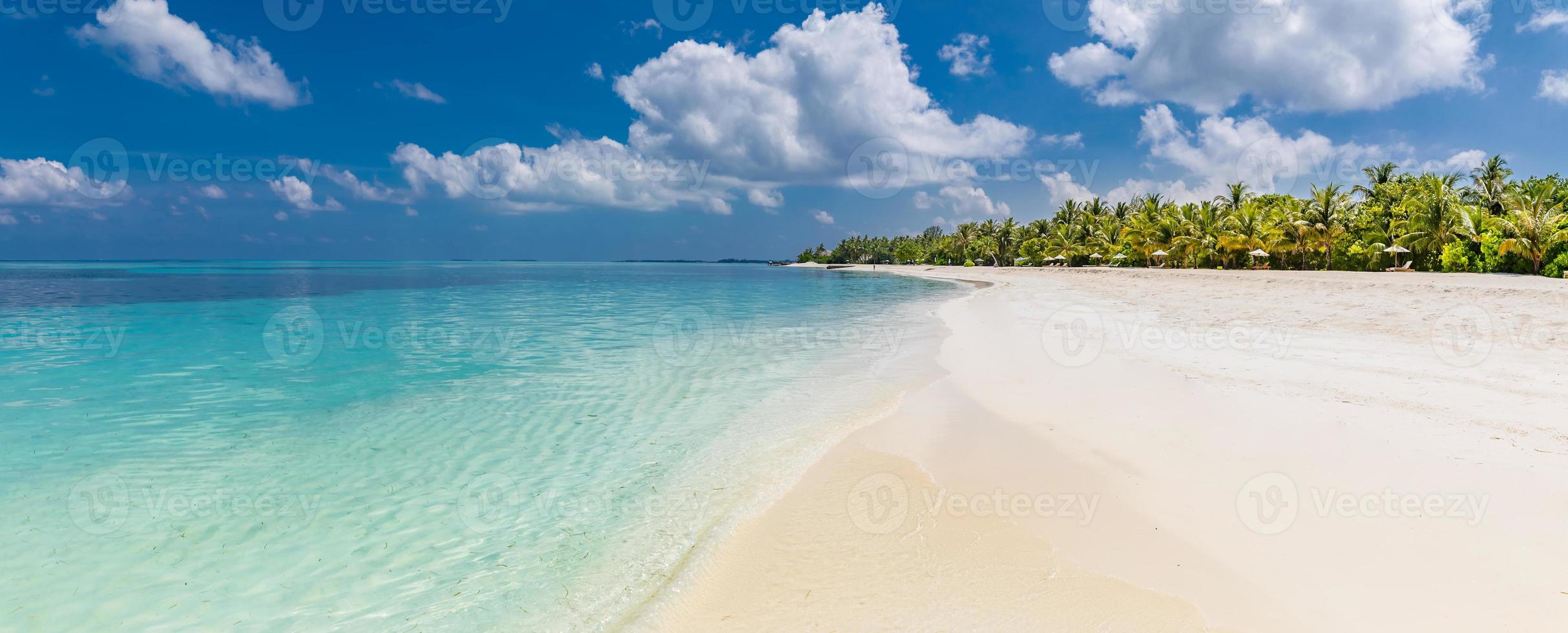 Perfect island, coast and seascape with calm blue sea, white sand and palm trees under blue sky. Idyllic tropical beach. Sunny weather on Maldives beach Vacation and holiday design. photo