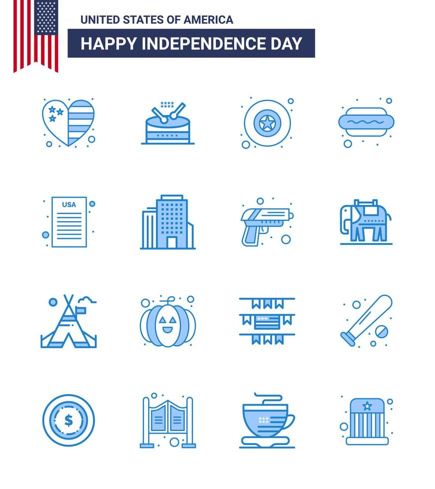 Happy Independence Day USA Pack of 16 Creative Blues of democratic declaration badge hot i dog Editable USA Day Vector Design Elements