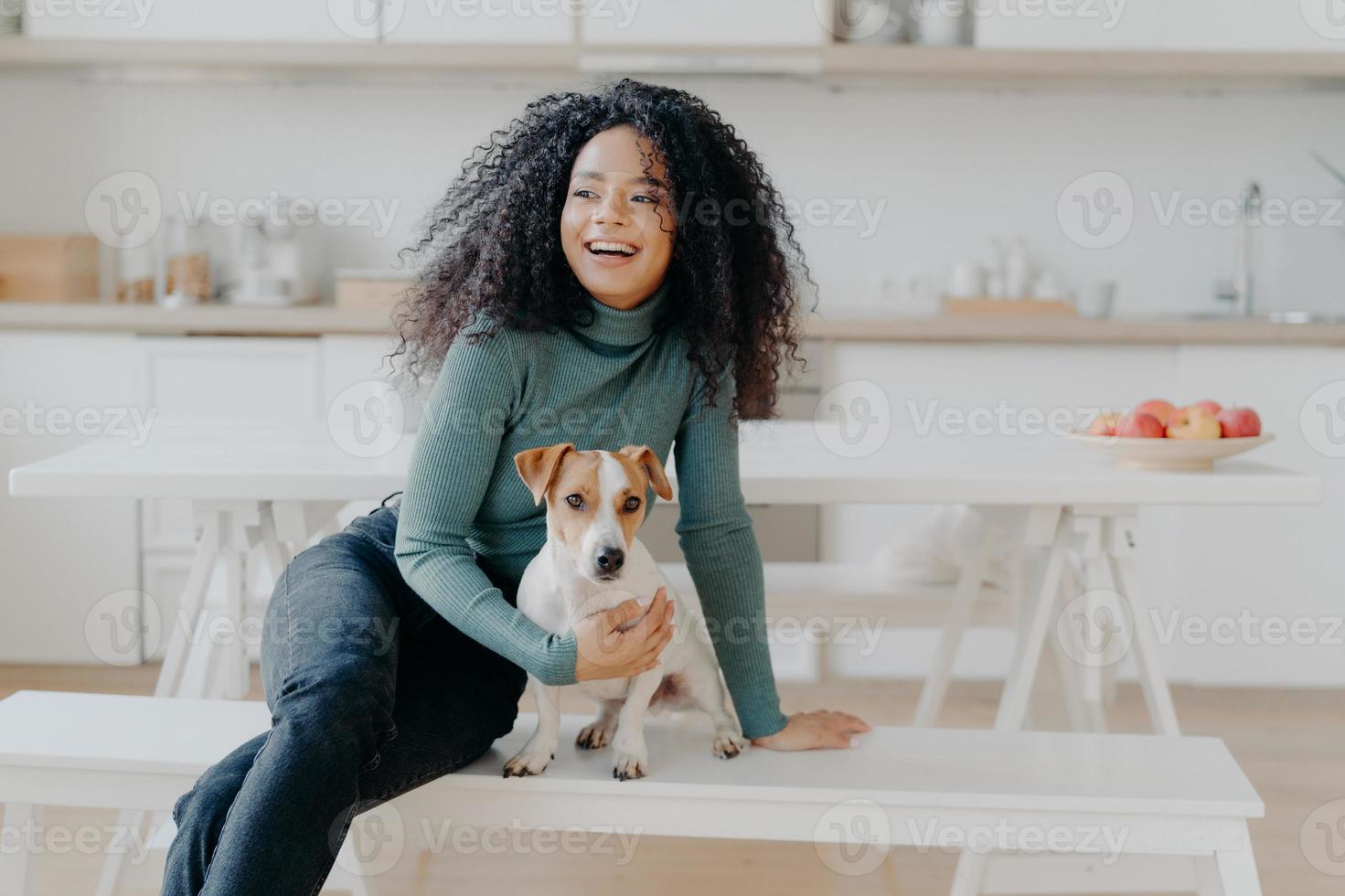 Joyful Afro woman sits at white bench together with dog against kitchen interior, table with plate full of red apples, get pleasure while playing at home. Animal owner feels care and responsibility photo