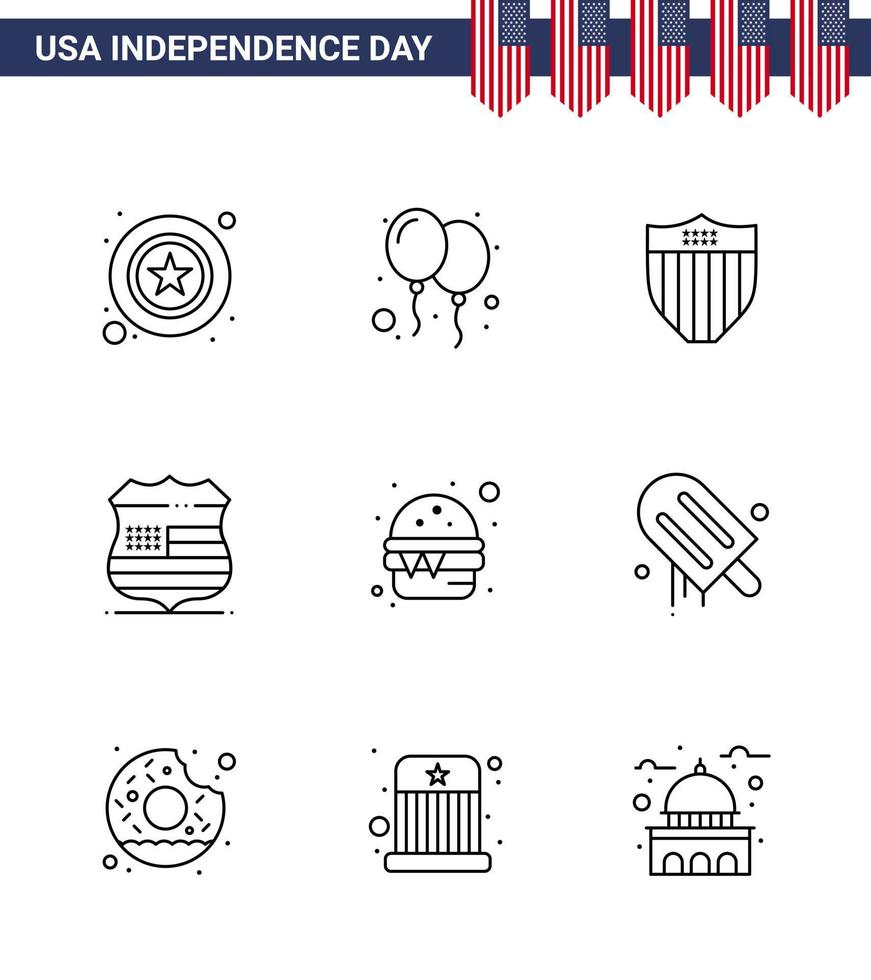 Line Pack of 9 USA Independence Day Symbols of fast security american usa shield Editable USA Day Vector Design Elements