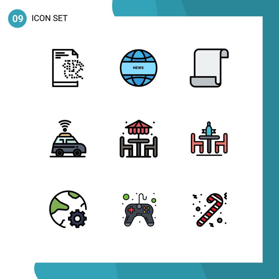 9 Universal Filledline Flat Color Signs Symbols of conference furniture script dinner beach Editable Vector Design Elements