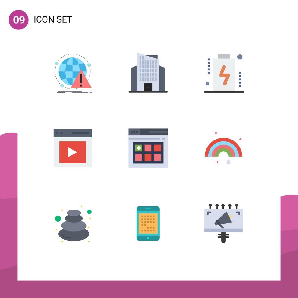 Set of 9 Vector Flat Colors on Grid for web user battery interface communication Editable Vector Design Elements