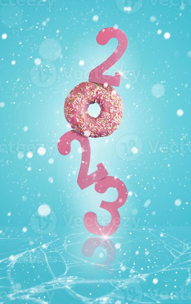 Vertical composition of year 2023 with doughnut instead of zero. Winter theme concept, snow falling around and cracked ice beneath the year. photo