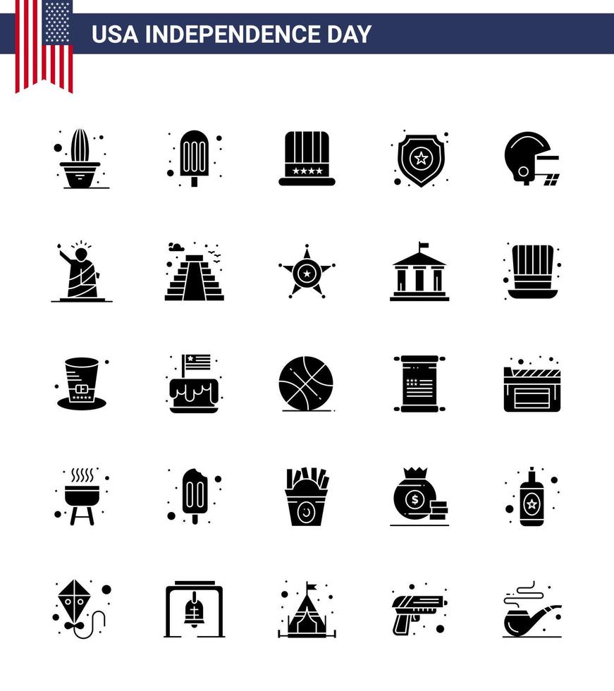 Happy Independence Day USA Pack of 25 Creative Solid Glyph of helmet american cap sign police Editable USA Day Vector Design Elements