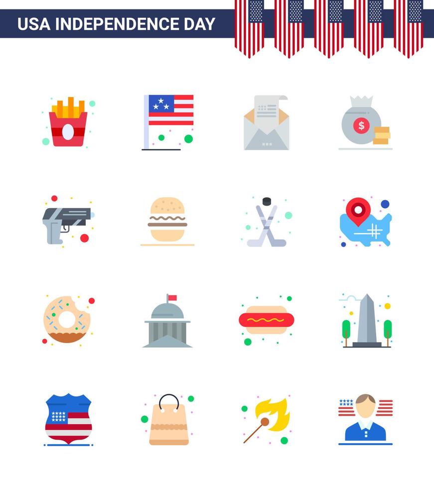 Set of 16 USA Day Icons American Symbols Independence Day Signs for security american envelope money dollar Editable USA Day Vector Design Elements