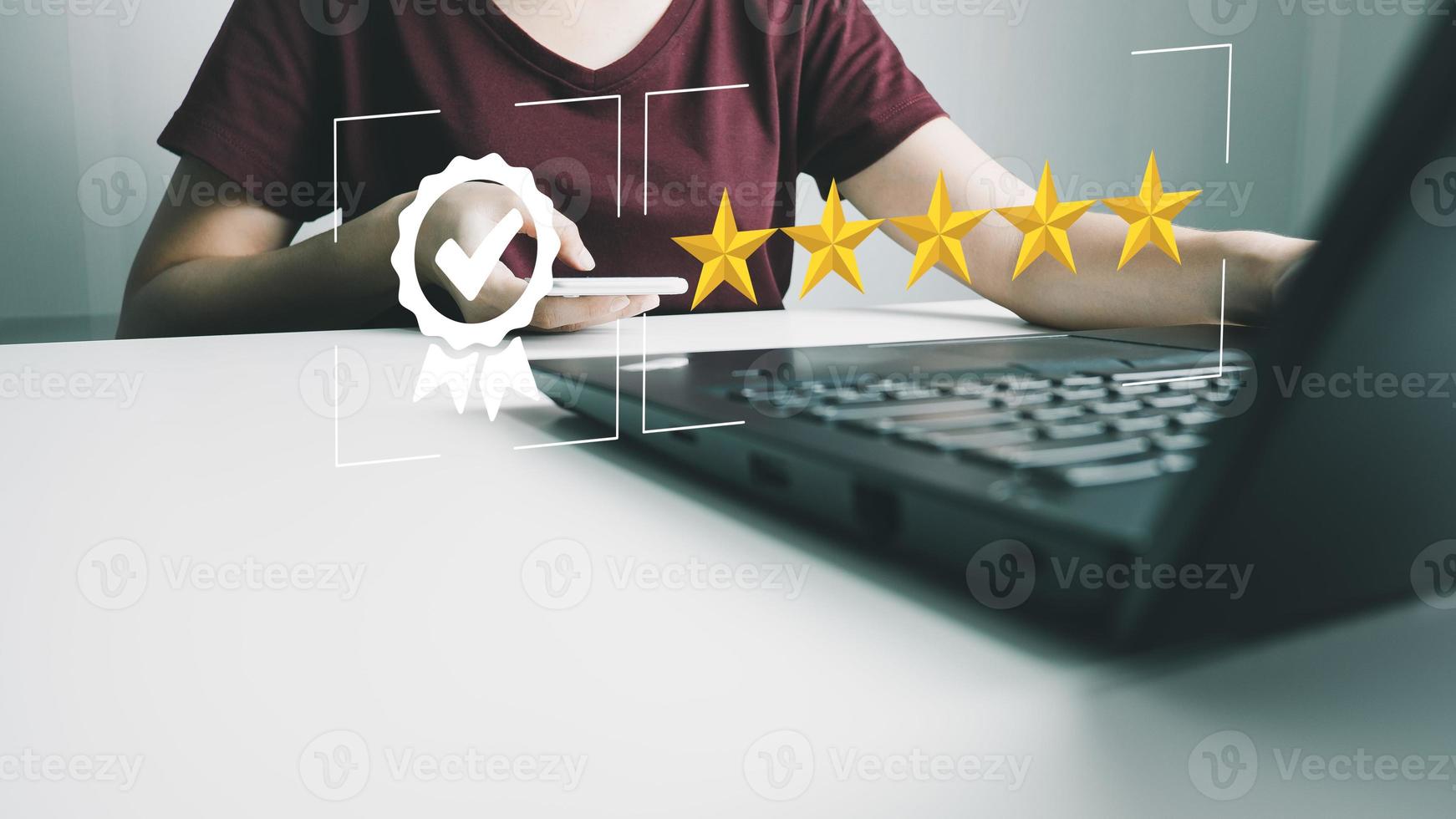 Businesswoman showing the symbol of top service 5 star quality assurance, excellent warranty, world standard, ISO certification, development and improve the quality of the organization concept. photo