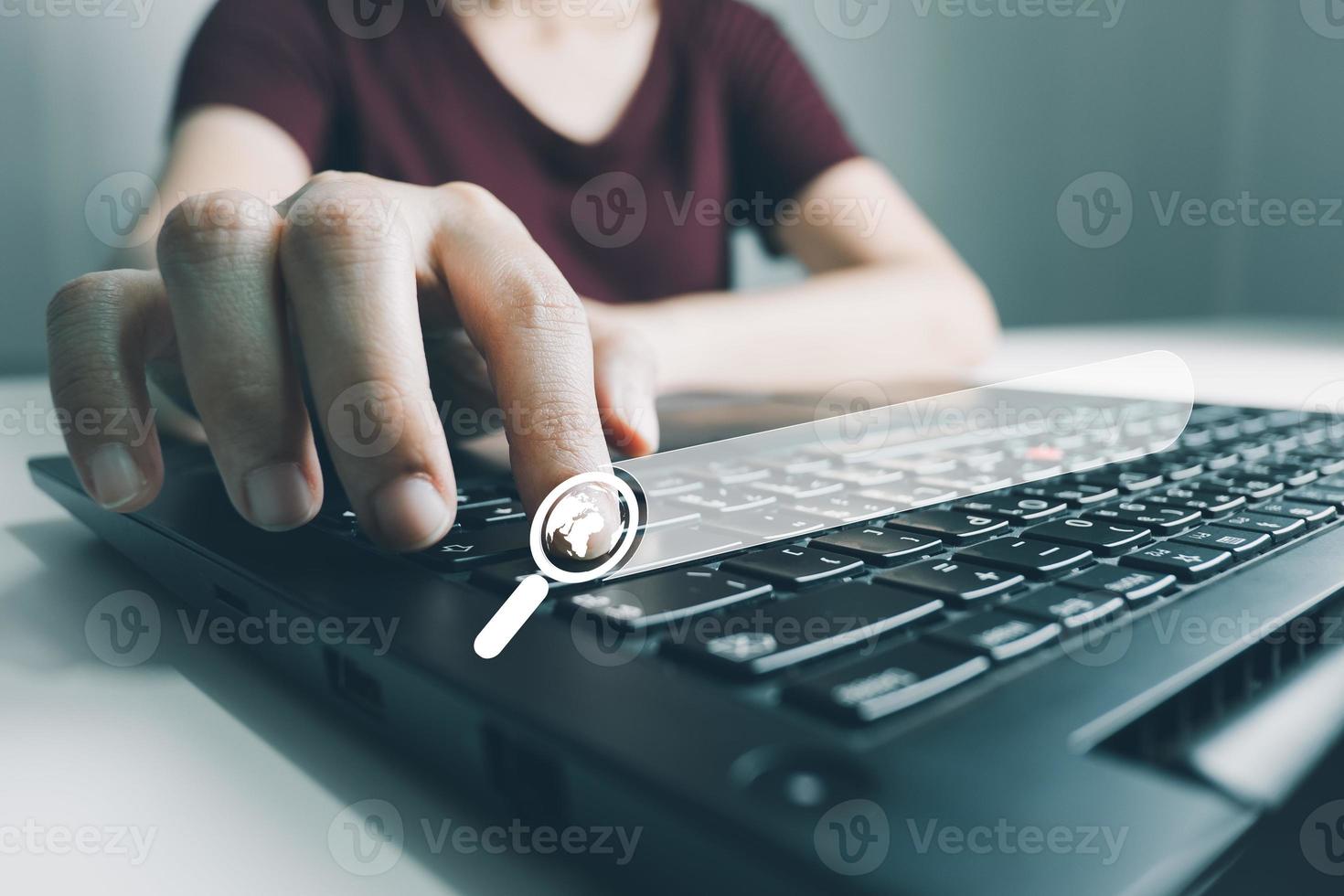 SEO Search engine optimization, Search technology, women's hands using a computer keyboard to search for information, using websites search bar to find the desired information or shopping online. photo