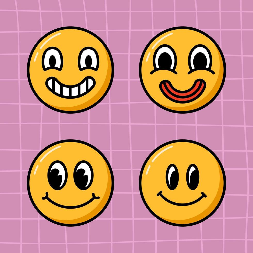 colección de caras de sonrisa maravillosa vectorial. emoji de dibujos animados ambientado en estilo años 80 sobre fondo violeta a cuadros vector