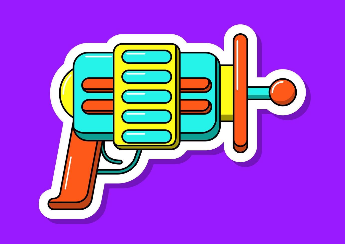 Vector cartoon blaster sticker. Isolated colorful toy gun with white contour. Futuristic weapon design
