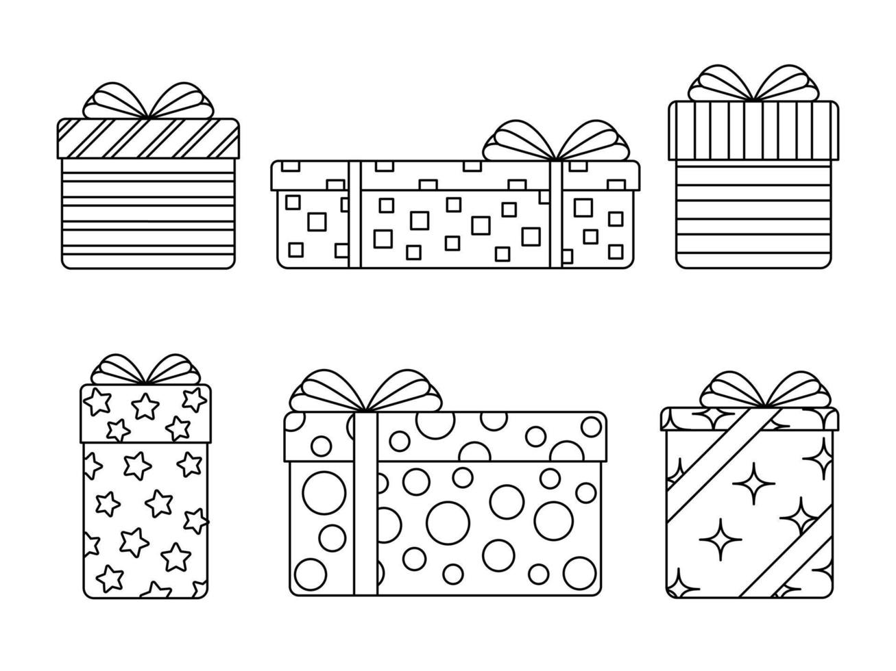 conjunto lineal vectorial de cajas de regalo para colorear página. esquema aislado presenta colección sobre fondo blanco vector