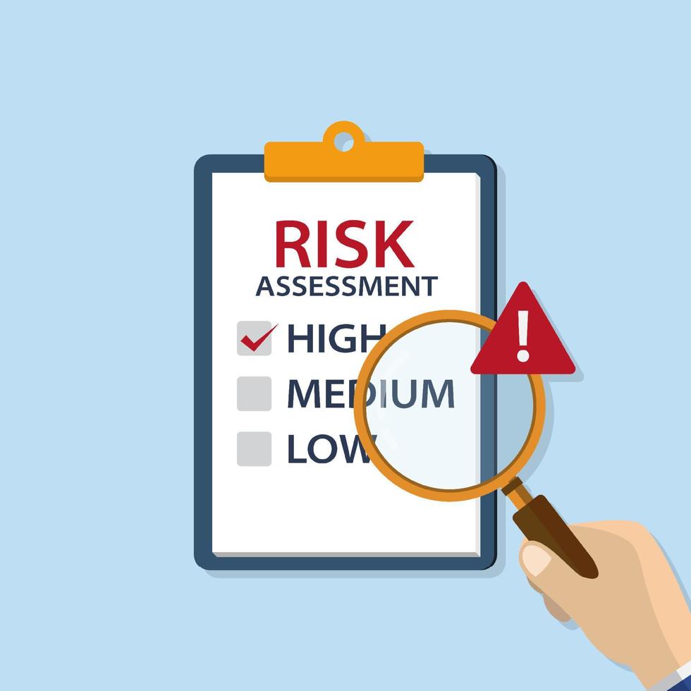 Risk assessment or identification analysis with hand hold magnifier and exclamation mark vector