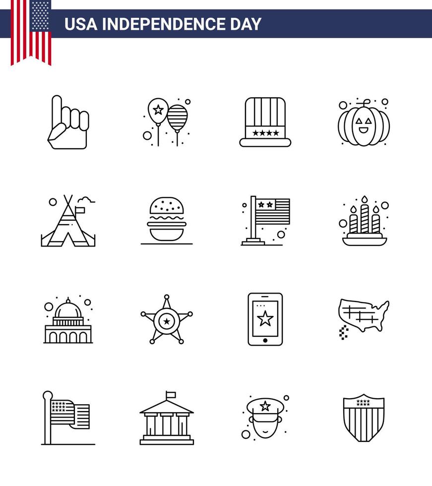 Happy Independence Day Pack of 16 Lines Signs and Symbols for tent festival america flag pumpkin usa Editable USA Day Vector Design Elements