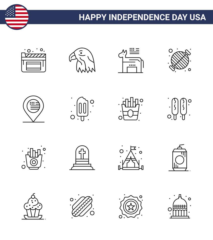 4 de julio estados unidos feliz día de la independencia icono símbolos grupo de 16 líneas modernas de ubicación fiesta parrilla americana barbacoa editable día de estados unidos elementos de diseño vectorial vector