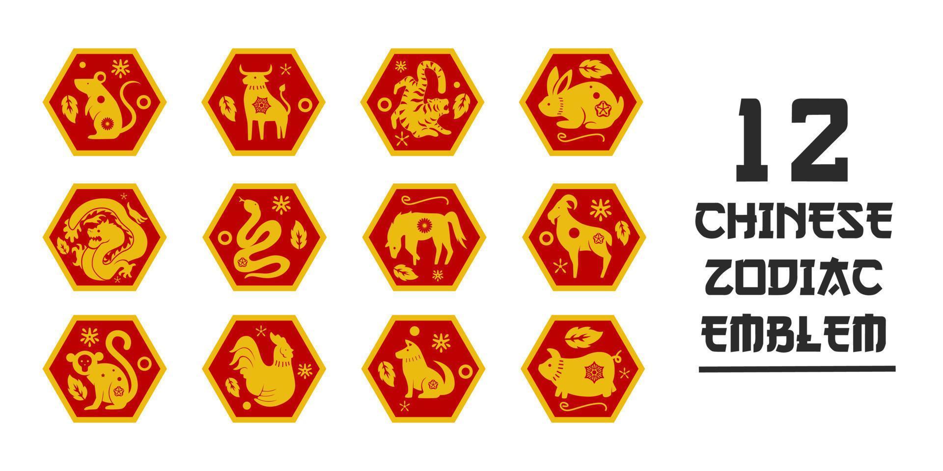 Chinese New Year Zodiac seal. Traditional china horoscope animals greeting card banner seals stamps vector set