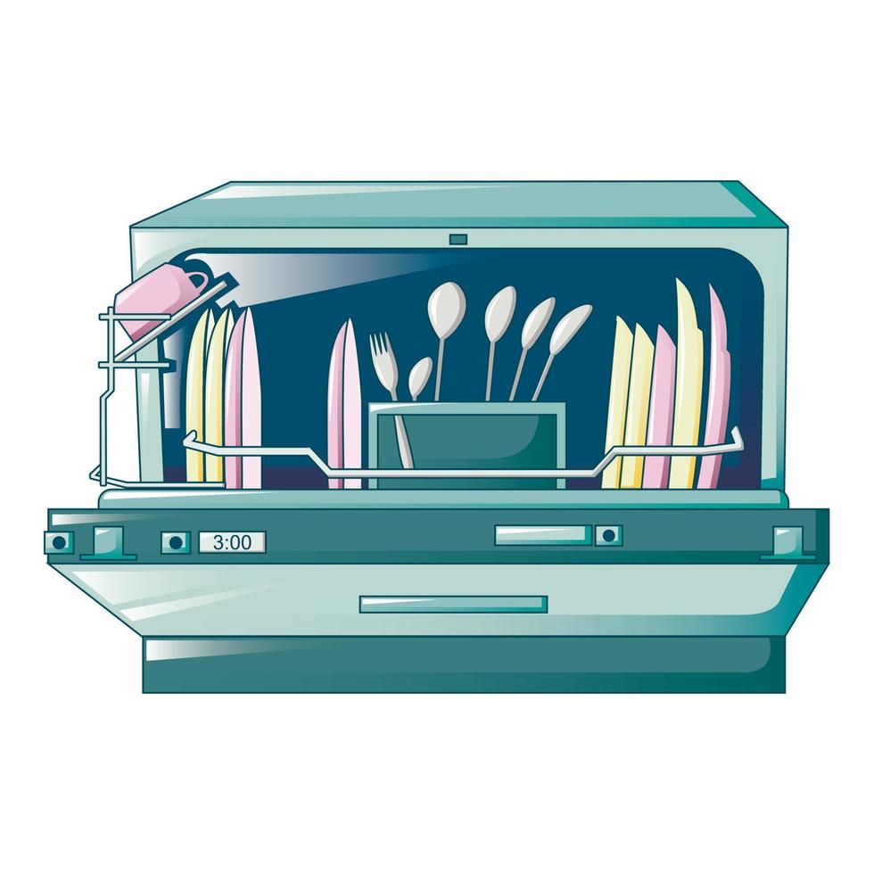 Open dishwasher machine icon, cartoon style vector