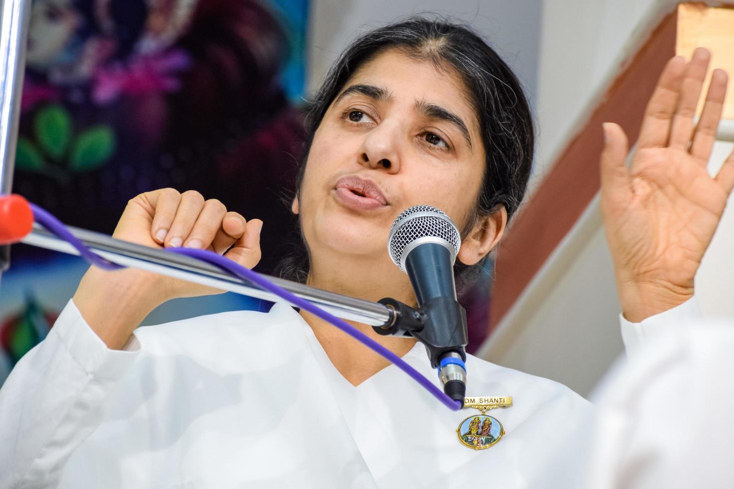 New Delhi, India, October 16 2022 - BK Shivani during meditation session, Shivani Verma, better known as BK Shivani, is a teacher in the Brahma Kumaris spiritual yoga and meditation movement of India photo