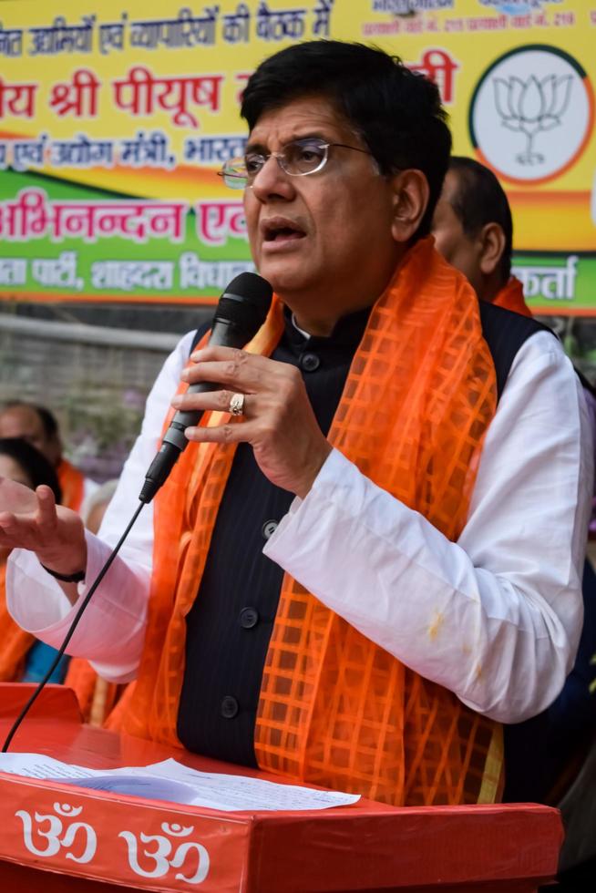 New Delhi, India - November 27 2022 - Piyush Goyal Cabinet Minister and core member of Bharatiya Janata Party - BJP during a rally in support of BJP candidate ahead of MCD local body Elections 2022 photo