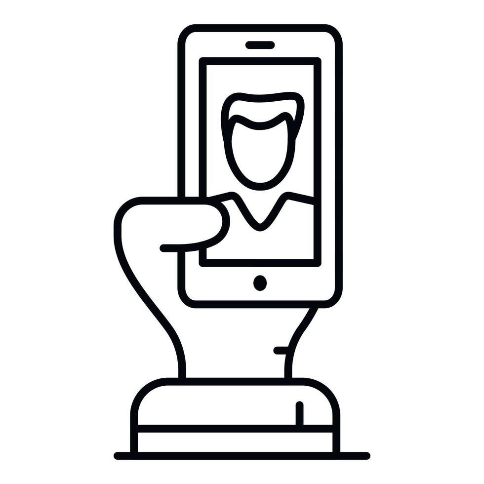 icono de teléfono inteligente de mano selfie, estilo de contorno vector