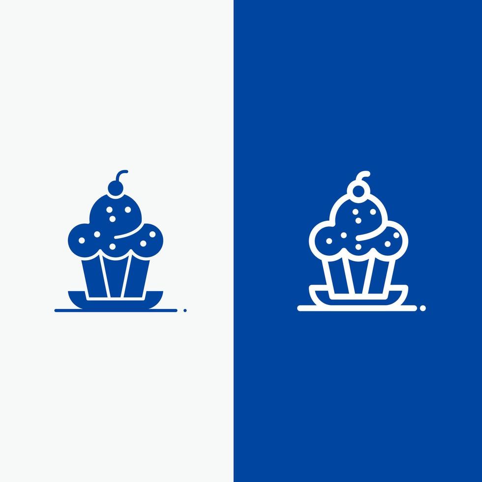 pastel postre muffin dulce acción de gracias línea y glifo icono sólido banner azul línea y glifo icono sólido banner azul vector