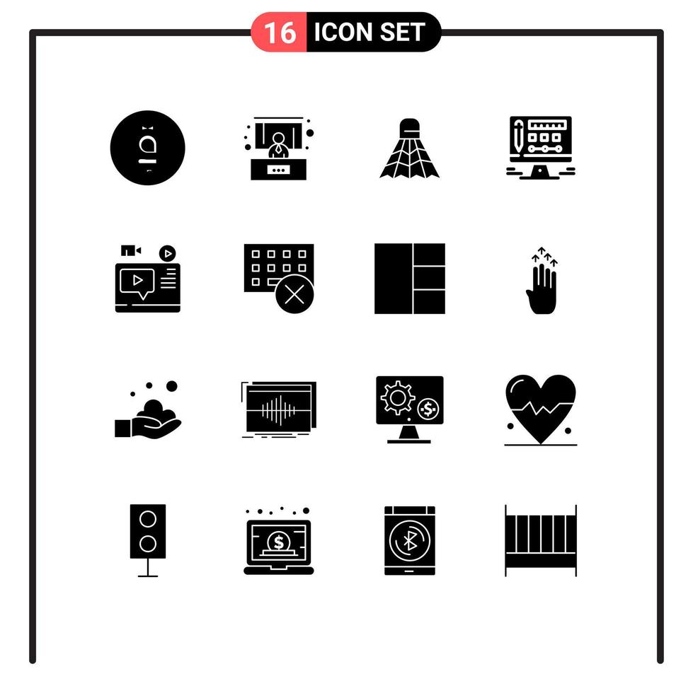Mobile Interface Solid Glyph Set of 16 Pictograms of youtube record shuttlecock video screen Editable Vector Design Elements