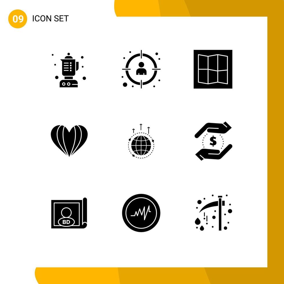 9 User Interface Solid Glyph Pack of modern Signs and Symbols of connection business layout globe love Editable Vector Design Elements