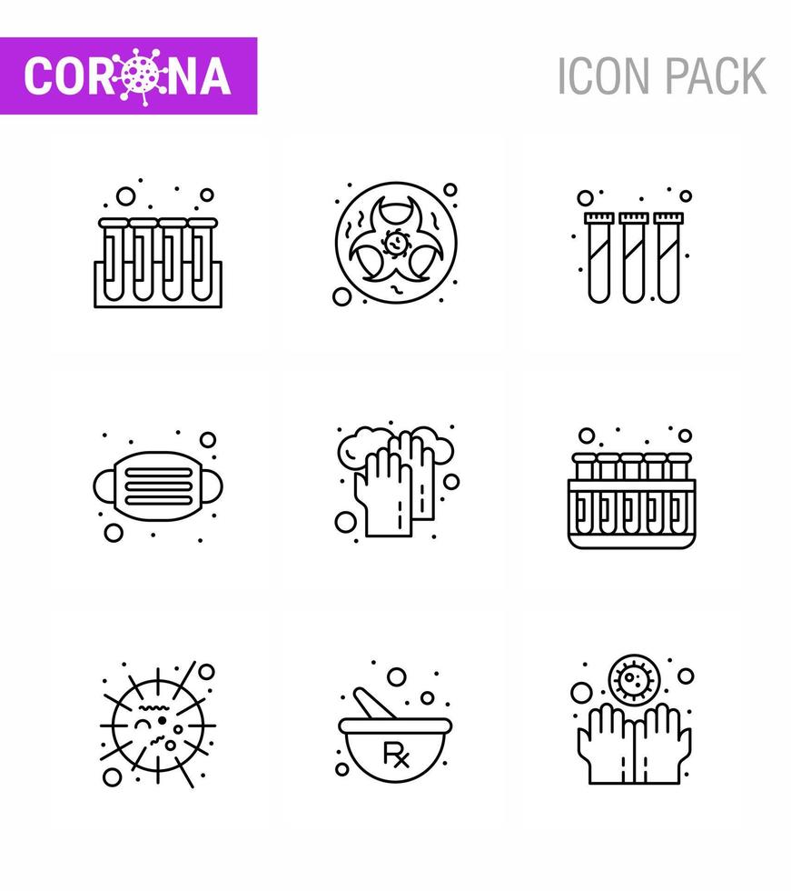 corona virus prevention covid19 tips to avoid injury 9 Line icon for presentation  healthcare medical warning mask test tubes viral coronavirus 2019nov disease Vector Design Elements