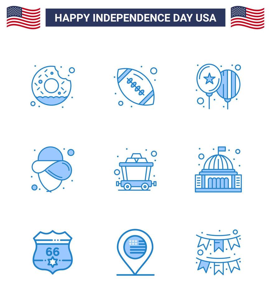 4th July USA Happy Independence Day Icon Symbols Group of 9 Modern Blues of rail cart balloons hat usa Editable USA Day Vector Design Elements