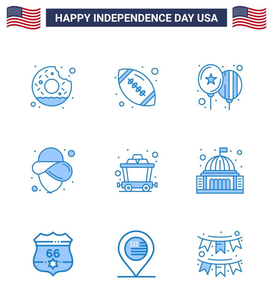 4 de julio estados unidos feliz día de la independencia icono símbolos grupo de 9 blues moderno de carro ferroviario globos sombrero estados unidos editable día de estados unidos elementos de diseño vectorial vector