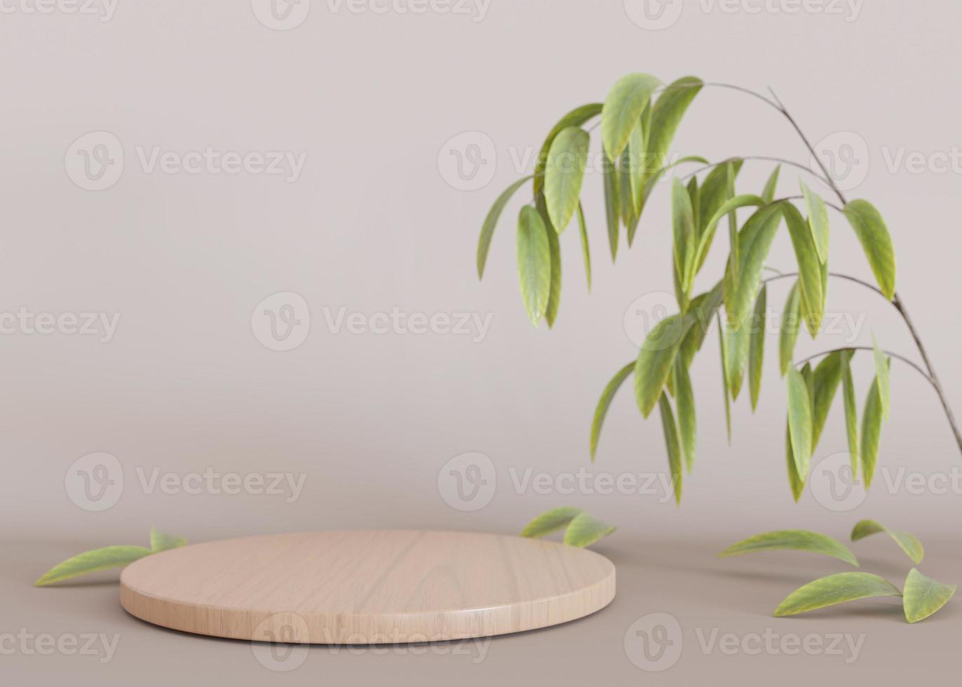 Wooden podium with leaves and plants on beige background. Podium for product, cosmetic presentation. Natural mock up. Pedestal or platform for beauty products. Empty scene with copy space. 3D render. photo