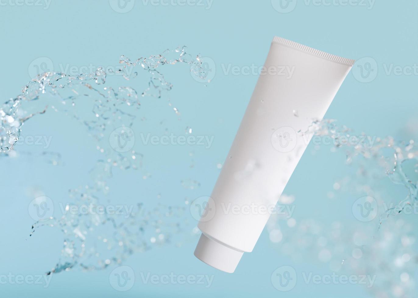 White and blank, unbranded cosmetic cream tube with water splash. Skin care product presentation on blue background. Modern mock up. Tube with copy space. 3D rendering. photo