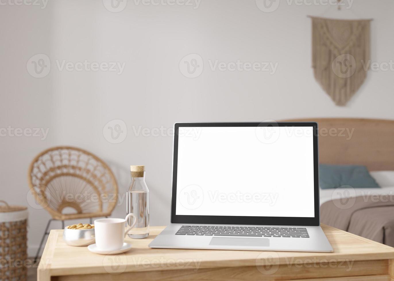 Laptop with blank white screen, on wooden table at home. Computer mock up. Free, copy space for app, game, web site presentation. Empty laptop screen ready for your design. Modern interior. 3D render. photo