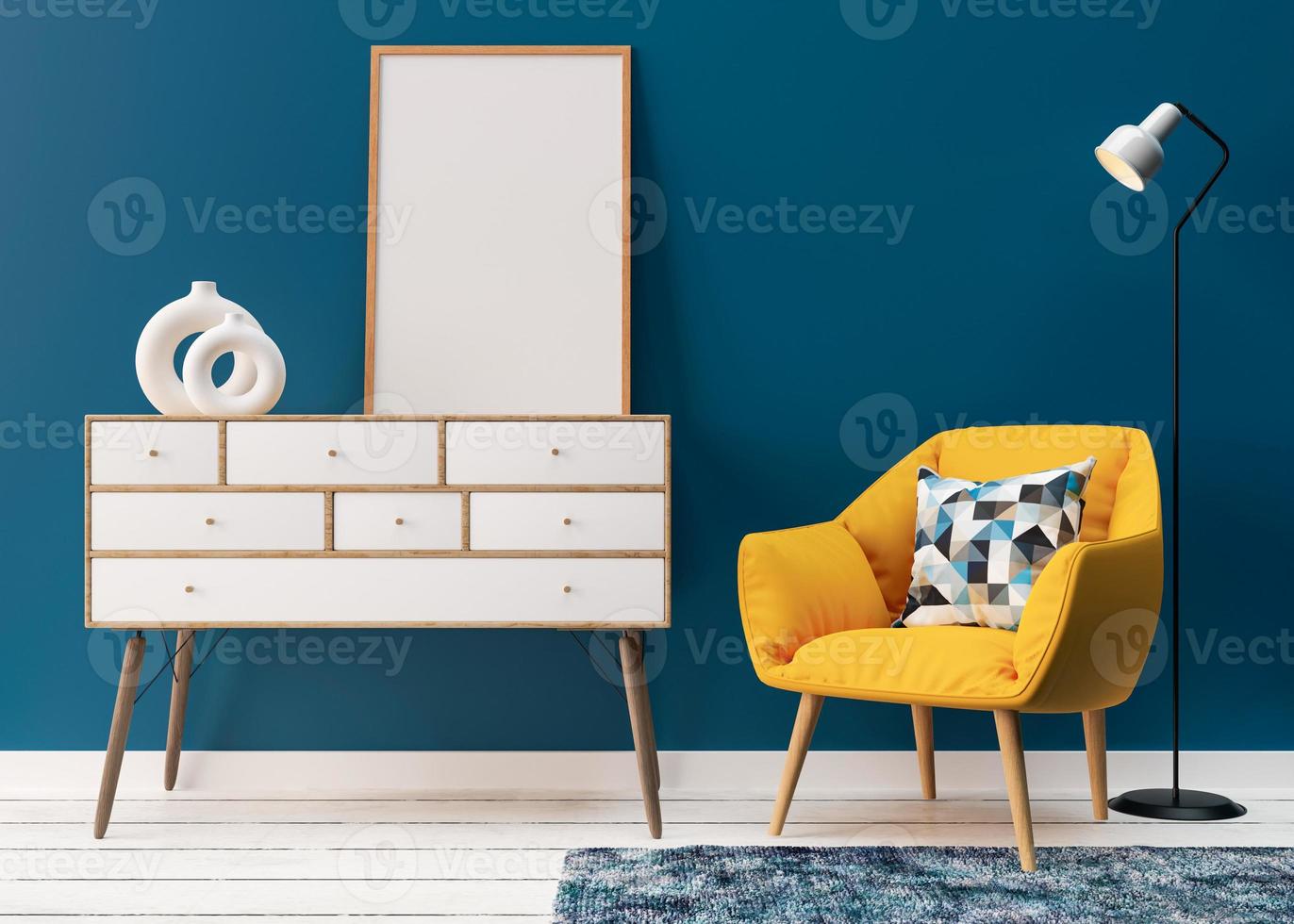 marco de imagen vertical en blanco en la pared azul en la sala de estar. marco de póster simulado en un interior moderno. sillón amarillo, consola de madera. procesamiento 3d, ilustración 3d. espacio libre, copie el espacio para su diseño. foto