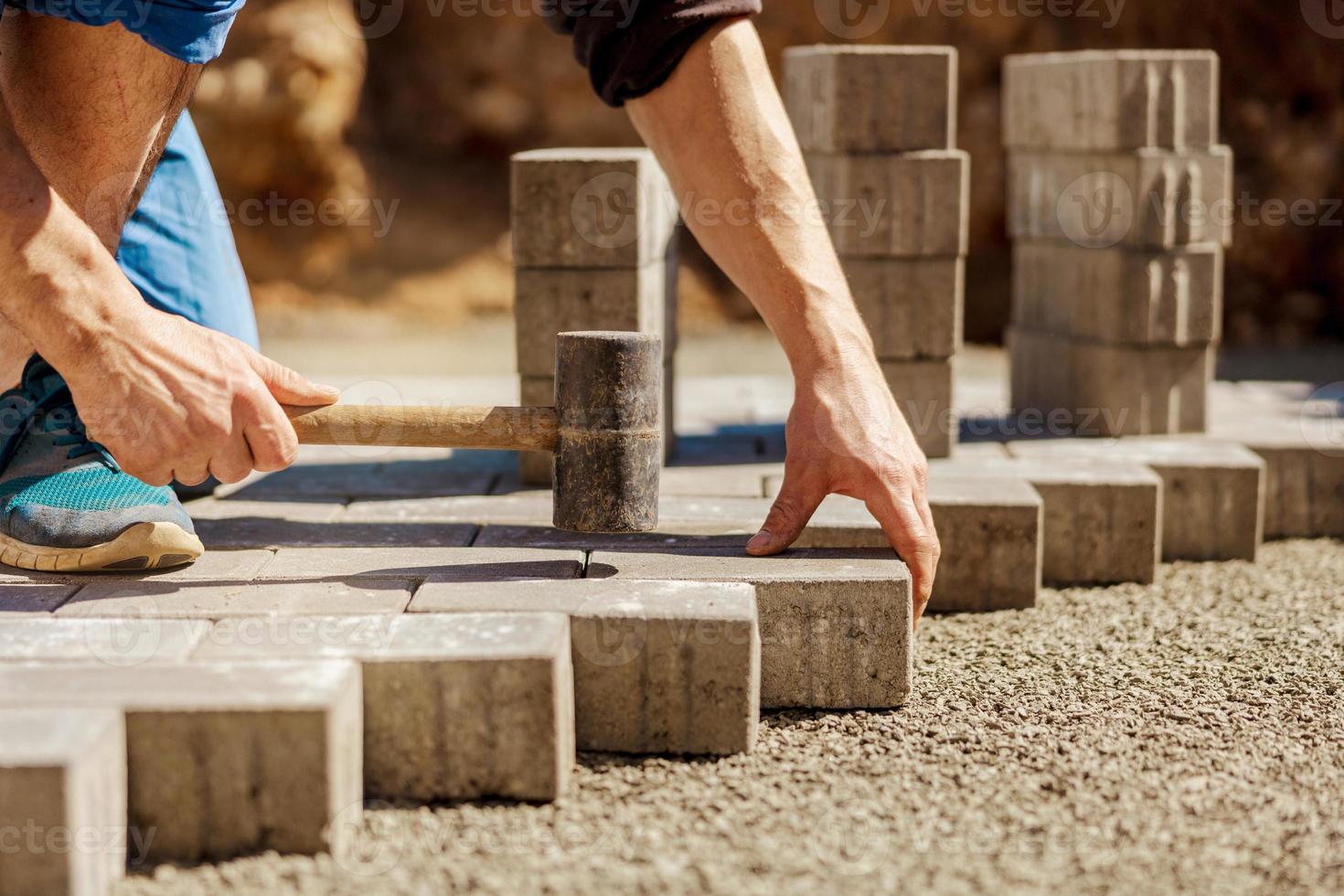 Young man laying gray concrete paving slabs in house courtyard on gravel foundation base. Master lays paving stones. Garden brick pathway paving by professional paver worker. Repairing sidewalk. photo