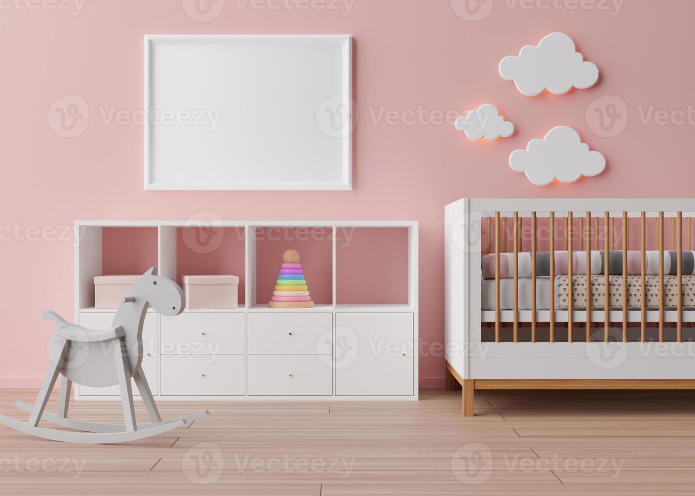 Empty white picture frame on pink wall in modern child room. Mock up interior in scandinavian style. Free, copy space for your picture. Rocking horse, bed, toys. Cozy room for kids. 3D rendering. photo