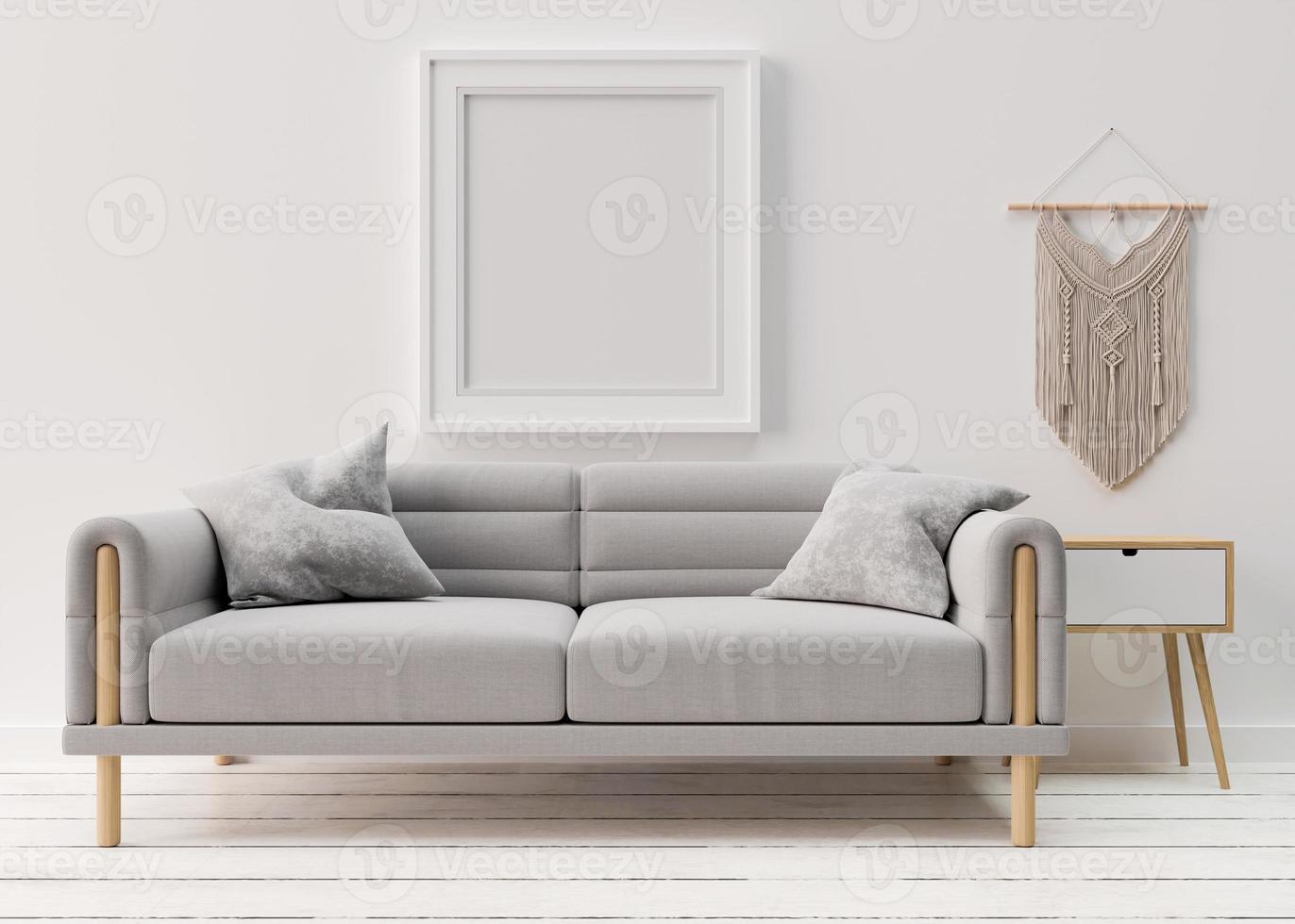 Empty picture frame on white wall in modern living room. Mock up interior in scandinavian, boho style. Free space, copy space for your picture. Grey sofa. 3D rendering. photo
