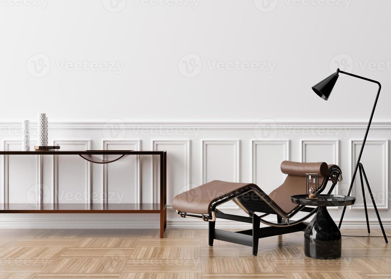 Empty white wall in modern living room. Mock up interior in classic style. Free space, copy space for your picture, text or another design. Brown leather lounge chair, black marble table. 3D rendering photo