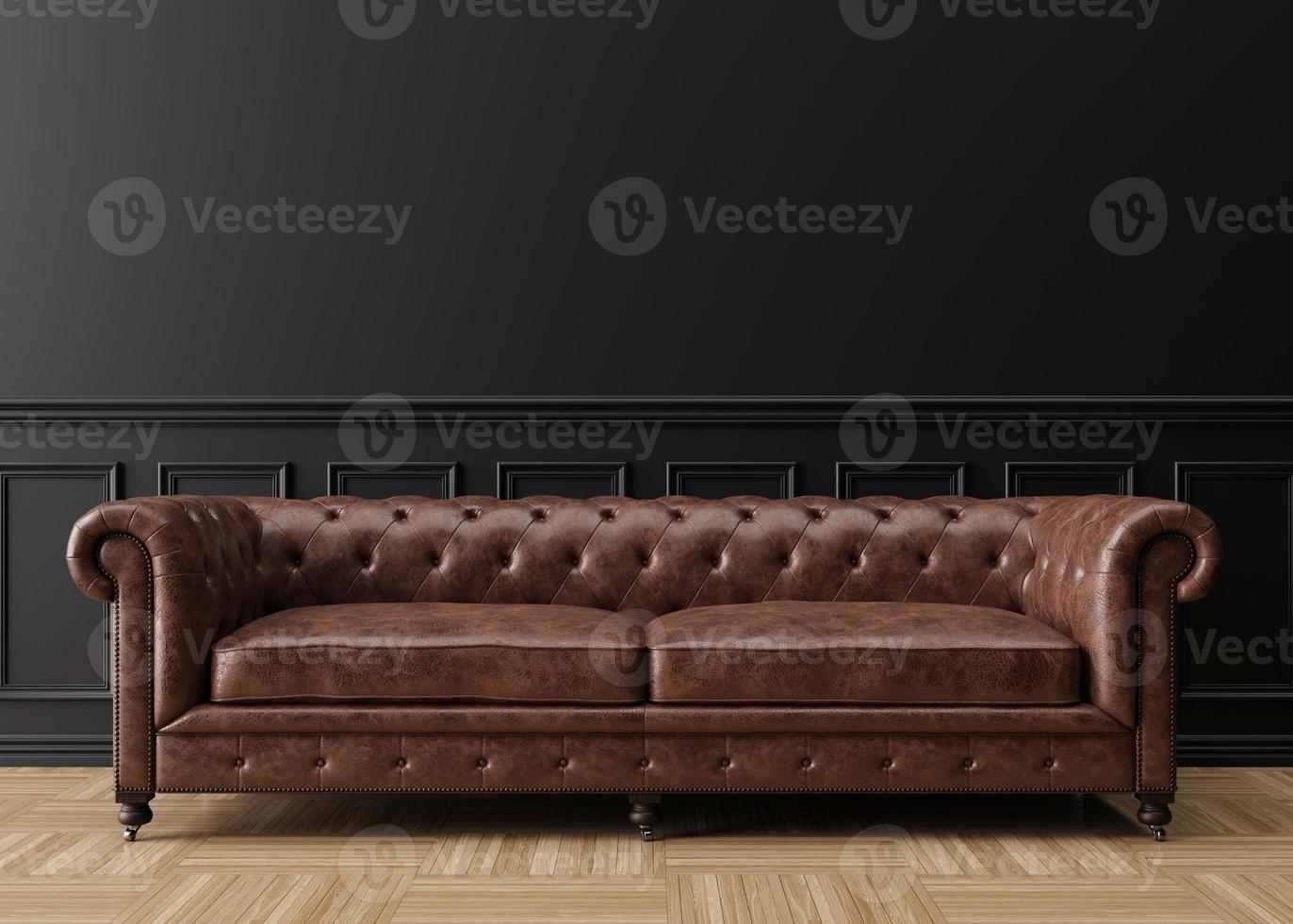 Empty black wall in modern living room. Mock up interior in classic style. Free space, copy space for your picture, text, or another design. Brown leather sofa. 3D rendering. photo