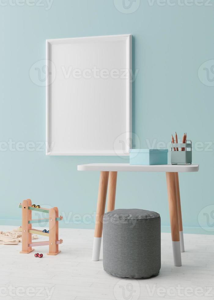 Empty vertical picture frame on blue wall in modern child room. Mock up interior in scandinavian style. Free, copy space for your picture. Table, toys. Cozy room for kids. 3D rendering. photo