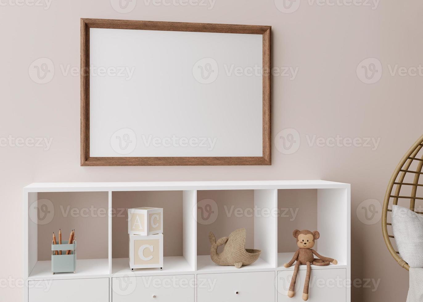 marco de imagen vacío en la pared de color marrón claro en la habitación infantil moderna. maqueta interior en estilo escandinavo, boho. gratis, copie el espacio para su imagen. consola, juguetes. habitación acogedora para niños. representación 3d foto