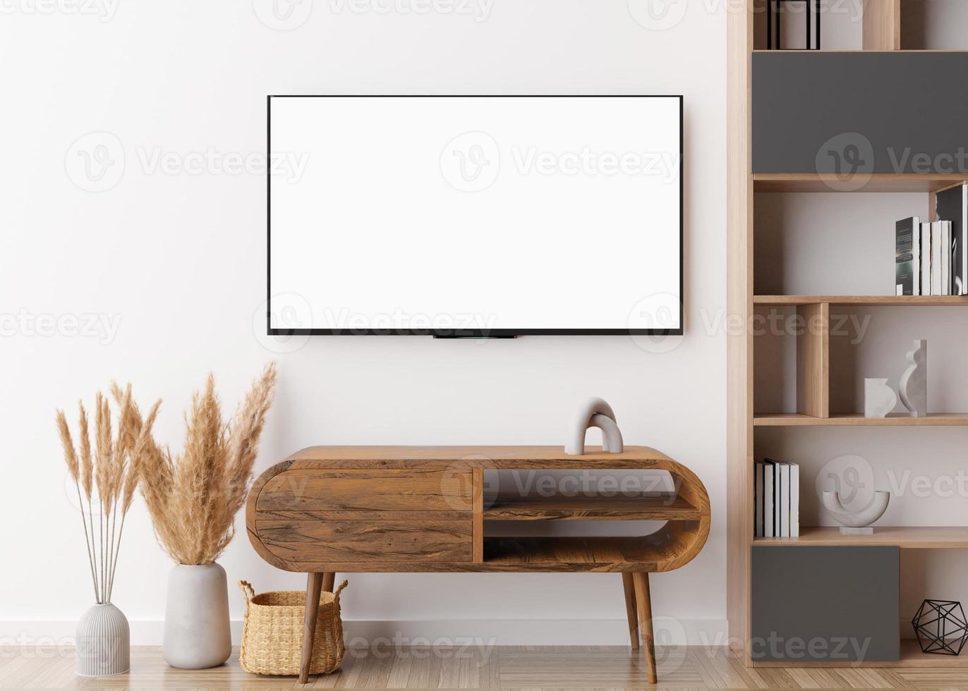 tv led con pantalla blanca en blanco, colgada en la pared de casa. maqueta de televisión. copiar espacio para publicidad, películas, presentación de aplicaciones. pantalla de televisión vacía lista para su diseño. interiores modernos procesamiento 3d foto