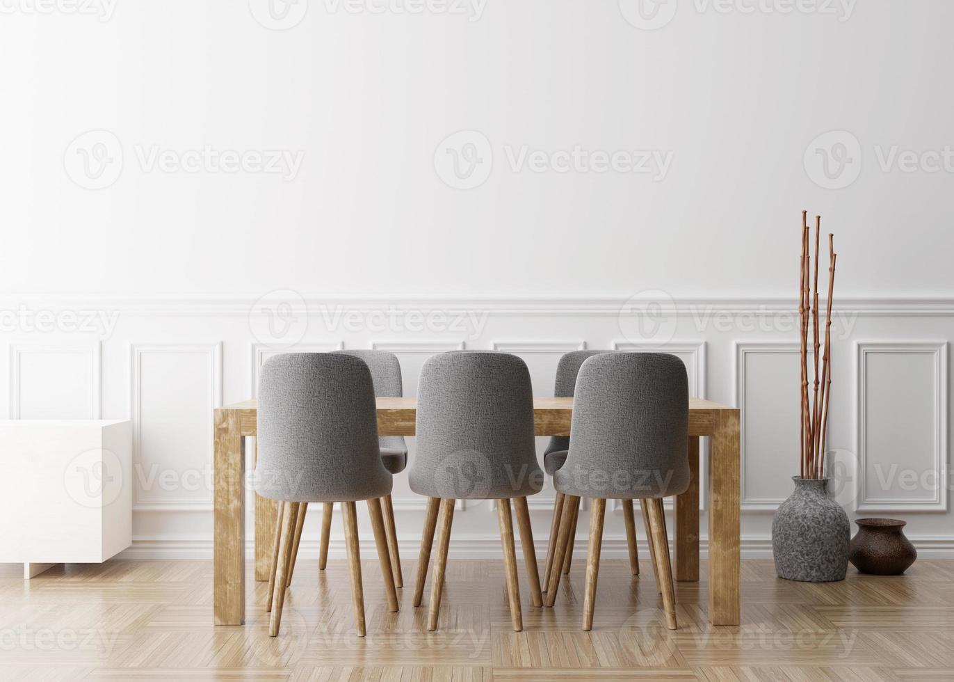 Empty white wall in modern dining room. Mock up interior in classic style. Free space, copy space for your picture, text, or another design. Dinig table with grey chairs, parquet floor. 3D rendering. photo