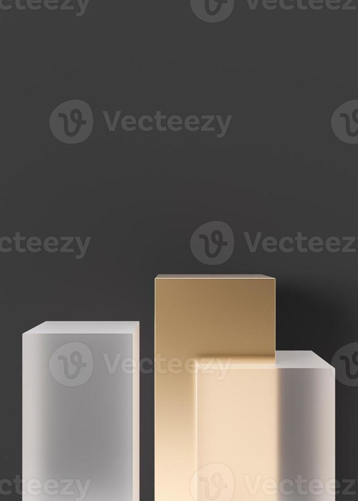 Golden and glass podiums set for product, cosmetic presentation, on black vertical background. Mock up. Pedestal or platform for beauty products. Empty scene. Copy space for logo, or text. 3D render. photo