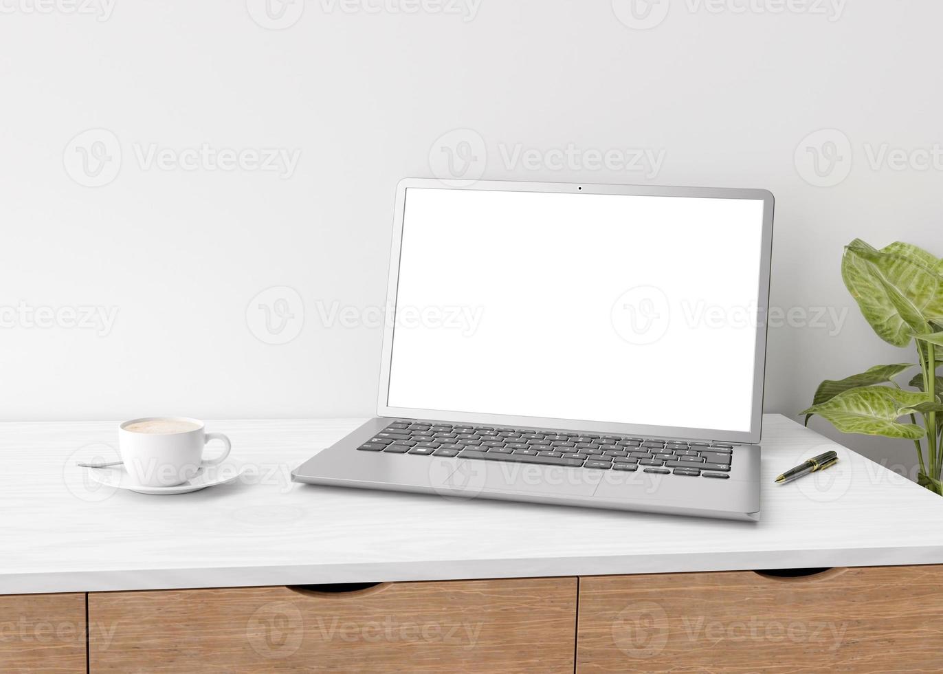 Laptop with blank white screen on wooden table at home or in office. Computer mockup. Free space for app, game, web site presentation. Cozy interior with white wall, cup of coffee, plant. 3D rendering photo
