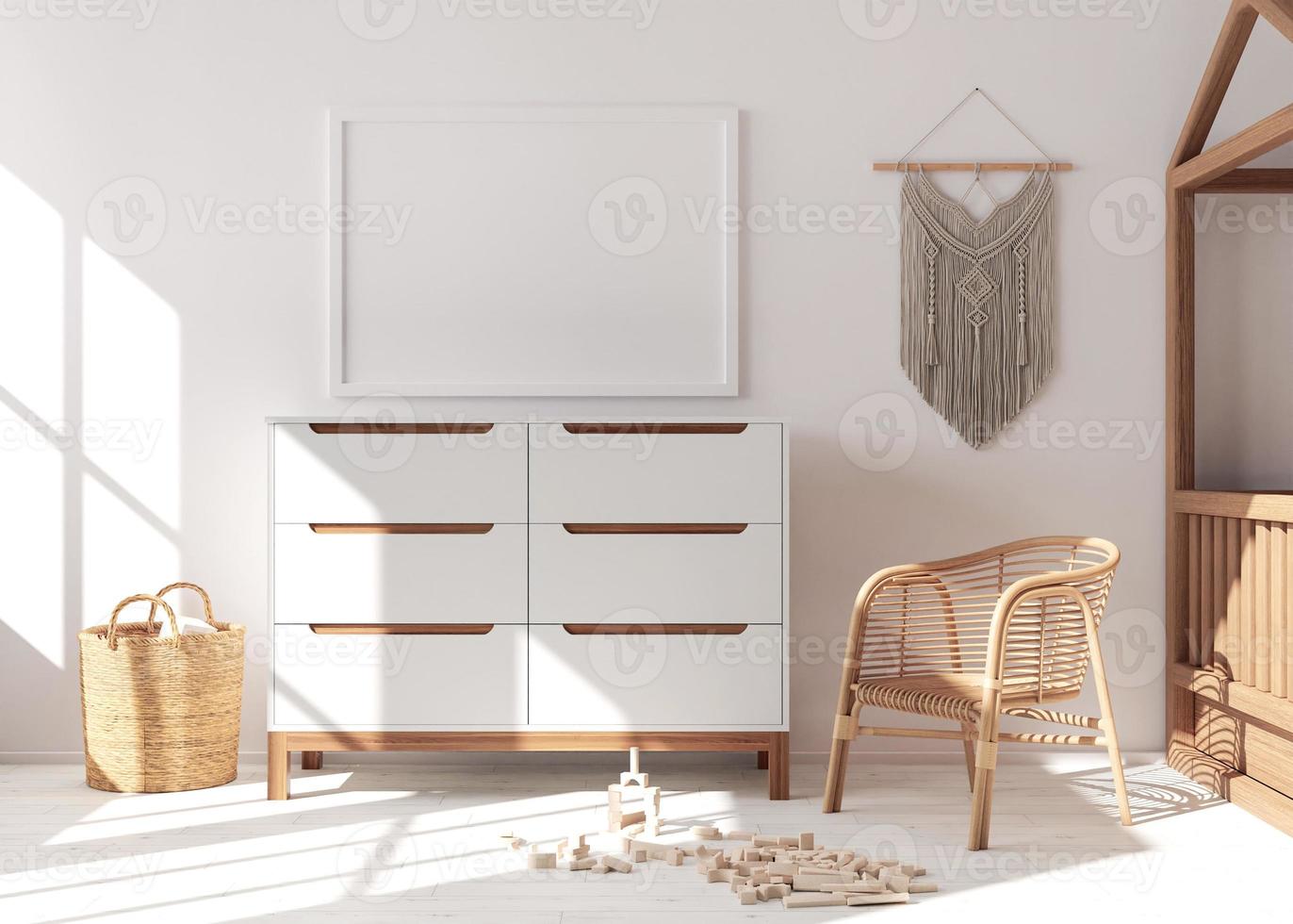 Empty picture frame on white wall in modern child room. Mock up interior in scandinavian, boho style. Free, copy space for your picture. Console, rattan armchair, toys. Cozy room for kids 3D rendering photo