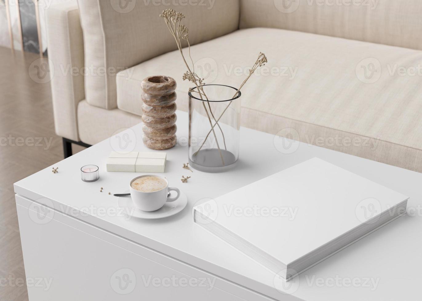 White book cover mock up with coffee cup, vase and other home accessories on white table. Blank template for your design. Book or catalogue cover presentation. 3D rendering. photo