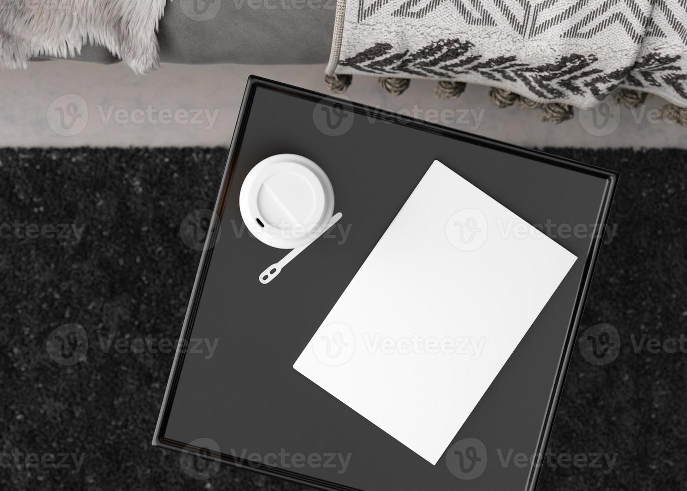 White book cover mock up on black table. Blank template for your design. Top view, close-up. Book, catalogue, magazin cover presentation. 3D rendering. photo