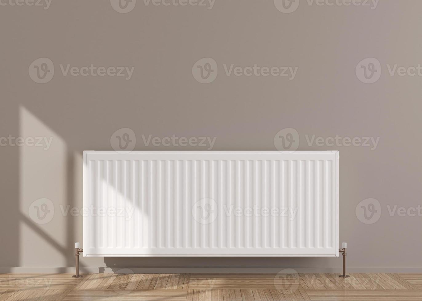 White heating radiator on grey wall. Central heating system. Free, copy space for your text. 3D rendering. photo